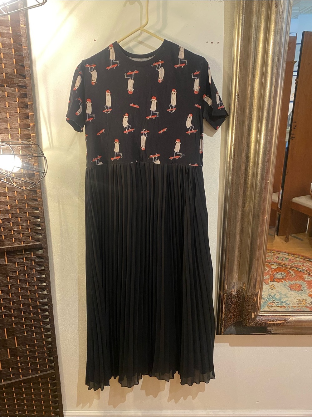 OOAK Upcycled Skateboarding Ghosts Black Print Chiffon Skirt Pleated Dress